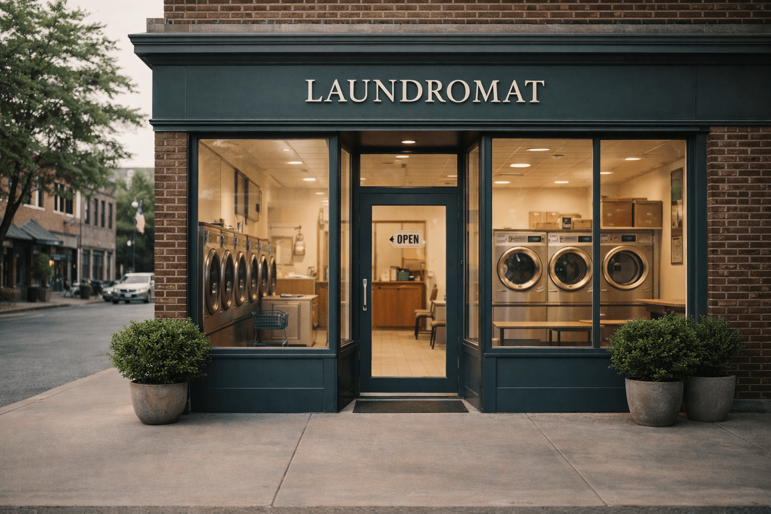 A calm local storefront at dusk